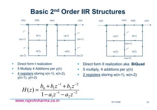 18/11/2008 161
www.rajeshsharma.co.inwww.rajeshsharma.co.inwww.rajeshsharma.co.inwww.rajeshsharma.co.in
Basic 2nd Order IIR Structures
Direct form I realization
5 Multiply 4 Additions per y(n)
4 registers storing x(n-1), x(n-2),
y(n-1), y(n-2)
Direct form II realization aka BiQuad
5 multiply, 4 additions per y(n)
2 registers storing w(n-1), w(n-2)
b(0)
b(1)
b(2)
x(n)
−a(1)
−a(2)
u(n) y(n) x(n)
−a(1)
−a(2)
w(n) y(n)b(0)
b(1)
b(2)
z-1
z-1
z-1
z-1
z-1
z-1
x(n-1)
x(n-2)
y(n-1)
y(n-2)
w(n-1)
w(n-2)
2
2
1
1
2
2
1
10
1
)( −−
−−
−−
++
=
zaza
zbzbb
zH
 