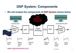 18/11/2008 4
www.rajeshsharma.co.inwww.rajeshsharma.co.inwww.rajeshsharma.co.inwww.rajeshsharma.co.in
DSP System: Components
We will analyze the components of DSP System shown below
DSP
Algorithms
on Signals
Band-limiting Image Removal
Signal
Analysis
 