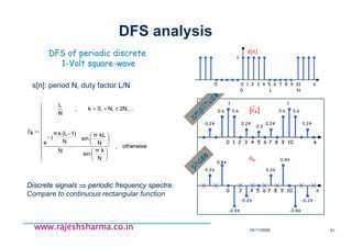 18/11/2008 51
www.rajeshsharma.co.inwww.rajeshsharma.co.inwww.rajeshsharma.co.inwww.rajeshsharma.co.in
DFS analysis
DFS of periodic discreteDFS of periodic discrete
11--Volt squareVolt square--wavewave























⋅
−
−
±+=
=
otherwise,
N
kπ
sin
N
kLπ
sin
N
N
1)(Lkπ
j
e
2N,...N,0,k,
N
L
kc~
0.6
0 1 2 3 4 5 6 7 8 9 10 k
1
0 2 4 5 6 7 8 9 10 n
θk
-0.4π
0.2
0.24 0.24
0.6 0.6
0.24
1
0.24
-0.2π
0.4π
0.2π
-0.4π
-0.2π
0.4π
0.2π
0.6 ck
~
am
plitude
am
plitude
phase
phase
Discrete signalsDiscrete signals ⇒⇒⇒⇒⇒⇒⇒⇒ periodic frequency spectra.periodic frequency spectra.
Compare to continuous rectangular function
-5 0 1 2 3 4 5 6 7 8 9 10 n
0 L N
s[n]
1
s[n]: period NN, duty factor L/NL/N
 