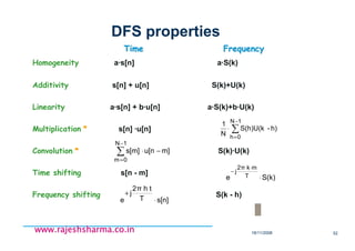 18/11/2008 52
www.rajeshsharma.co.inwww.rajeshsharma.co.inwww.rajeshsharma.co.inwww.rajeshsharma.co.in
DFS properties
Time FrequencyTime Frequency
Homogeneity a·s[n] a·S(k)
Additivity s[n] + u[n] S(k)+U(k)
Linearity a·s[n] + b·u[n] a·S(k)+b·U(k)
Multiplication * s[n] ·u[n]
Convolution * S(k)·U(k)
Time shifting s[n - m]
Frequency shifting S(k - h)
∑
−
=
⋅
1N
0h
h)-S(h)U(k
N
1
∑
−
=
−⋅
1N
0m
m]u[ns[m]
S(k)e T
mk2π
j
⋅
⋅
−
s[n]T
th2π
j
e ⋅
+
 