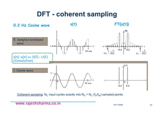 18/11/2008 67
www.rajeshsharma.co.inwww.rajeshsharma.co.inwww.rajeshsharma.co.inwww.rajeshsharma.co.in
2. Rectangular window4. Sampling function1. Cosine wave
1. Cosine wave3. Windowed cos wave5. Sampled windowed
wave
DFT - coherent sampling
s(t) FT{s(t)}
Coherent sampling: NC input cycles exactly into NS = NC (fS/fIN) sampled points.
s[n] ·u[n] ⇔⇔⇔⇔ S(f) * U(f)
(Convolution)
0.2 Hz Cosine wave
 