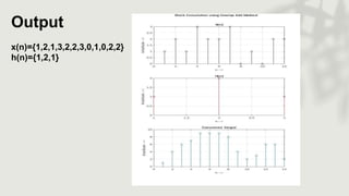 Output
x(n)={1,2,1,3,2,2,3,0,1,0,2,2}
h(n)={1,2,1}
 