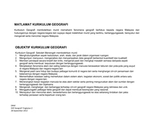  
 
DRAF 
DSP Geografi Tingkatan 2  
28 September 2012 
MATLAMAT KURIKULUM GEOGRAFI
Kurikulum Geografi membolehkan murid memahami fenomena geografi berfokus kepada negara Malaysia dan
hubungannya dengan negara-negara lain supaya dapat melahirkan murid yang berilmu, bertanggungjawab, bersyukur dan
mengenali serta mencintai negara Malaysia.
OBJEKTIF KURIKULUM GEOGRAFI
Kurikulum Geografi Sekolah Menengah membolehkan murid:
1. Menghubungkaitkan aspek kedudukan, arah, skala, dan jarak dalam organisasi ruangan.
2. Mengumpul, menyusun, menganalisis dan menyampaikan data geografi berbentuk kuantitatif dan kualitatif.
3. Memberi pendapat secara kreatif dan kritis, mengenal pasti dan mengkaji masalah semasa daripada aspek
geografi serta membuat keputusan dengan bertanggungjawab.
4. Menjelaskan fenomena alam dan saling kaitannya dengan manusia berasaskan taburan dan pola-pola yang wujud
di negara Malaysia dan negara-negara lain
5. Mengenal pasti cara hidup dan budaya pelbagai komuniti di negara lain serta menghargai ciri-ciri persamaan dan
kelainannya dengan negara Malaysia.
6. Memerihalkan keadaan saling memerlukan dalam sistem alam, kegiatan ekonomi, sosial dan politik antara satu
negara dengan negara lain.
7. Menerangkan kesan kegiatan manusia ke atas alam sekitar serta penting menguruskan alam dan sumber dengan
bertanggungjawab dan bijaksana.
8. Mengenali, menghargai dan berbangga terhadap ciri-ciri geografi negara Malaysia yang istimewa dan unik.
9. Menggabungjalin pelbagai fakta geografi dan dapat membuat kesimpulan yang rasional.
10. Mensyukuri dan mencintai alam, bersederhana dan bertanggungjawab ke atas sebarang tindakan dan peka
terhadap perasaan serta keperluan orang lain.
 