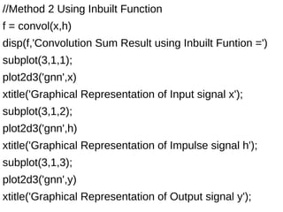//Method 2 Using Inbuilt Function 
f = convol(x,h) 
disp(f,'Convolution Sum Result using Inbuilt Funtion =') 
subplot(3,1,1); 
plot2d3('gnn',x) 
xtitle('Graphical Representation of Input signal x'); 
subplot(3,1,2); 
plot2d3('gnn',h) 
xtitle('Graphical Representation of Impulse signal h'); 
subplot(3,1,3); 
plot2d3('gnn',y) 
xtitle('Graphical Representation of Output signal y'); 
 