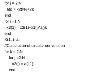 for j = 2:N 
a(j) = x2(N-j+2); 
end 
for i =1:N 
x3(1) = x3(1)+x1(i)*a(i); 
end 
X(1,:)=a; 
//Calculation of circular convolution 
for k = 2:N 
for j =2:N 
x2(j) = a(j-1); 
end 
 
