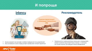 И попроще
• Анализируют на основе cookies поведение пользователей
• На основании этого предлагает наиболее точный таргетинг
Рекламодатель
• Знакомится с результатами анализа, определяет,
какая именно аудитория ему нужна, и сколько
он готов платить за каждый показ объявления
Сделка происходит
с помощью технологии
RTB
 