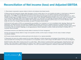 Reconciliation of Net income (loss) and Adjusted EBITDA
26
1) Share-based compensation expense relates to director and employee share-based awards.
(2) Restructuring and impairment charges reflect decreases in the fair market value of non-core property and assets, or actual losses on disposal of
such assets. The full year 2016 includes both the Q4 2016 impairment to write down our cost method investment in Physician Resource
Management, LLC (“PRM”) and the Q3 2016 full impairment of the definite-lived intangible assets associated with Primrose Healthcare LLC. 2013
charges primarily relate to the $932 write-down of our former Swartz Creek, Michigan headquarters facility to its fair value, after we vacated it in favor
of our present Flint, Michigan facility. 2012 charges primarily relate to our write-down of an externally purchased software package we no longer
utilize, as well as sales of Company-owned vehicles. 2011 charges include expense associated with the closure of our former Cleveland, Ohio
facility, the move of our Chicago, Illinois area facility, and sales of Company-owned vehicles.
(3) During the fourth quarter of 2014, we reassessed the recoverability of our investment in our non-consolidated entity, Ageology. Based upon this
assessment, we determined that a full impairment of $4,869 was warranted, primarily due to updated projections of continuing losses into the
foreseeable future. The remaining amounts in 2014, 2013 and 2012 represents our share of losses recognized by Ageology, using the equity method
of accounting. We first invested in Ageology, an anti-aging physician network dedicated to nutrition, fitness and hormones, in October 2011, in
connection with its formation.
(4) Employee severance and related fees primarily relates to severance for former management.
(5) Fees and expenses directly related to merger and acquisition activities, and the impact of changes in the fair value of related contingent
consideration liabilities.
(6) Primarily includes philanthropic activities performed at the direction of our majority shareholder.
(7) Represents (a) various tax credits received from the state of Michigan for facility improvement and employee hiring initiatives, (b) the one-time
costs associated with converting from an S-Corporation to a C-Corporation, and (c) a 2014 charge of $1,825 related to non-income tax obligations.
(8) 2016 includes a $2.4 million inventory loss due to a cooler failure. Other expense is predominantly IT operating leases. Operating leases were
initiated, in lieu of purchases or capital leases for a subset of our IT spend, for a short period of time in 2013 and 2014 for liquidity purposes. We
have since discontinued the practice of leasing IT equipment. The cost of purchased IT equipment is reflected in depreciation and amortization.
 