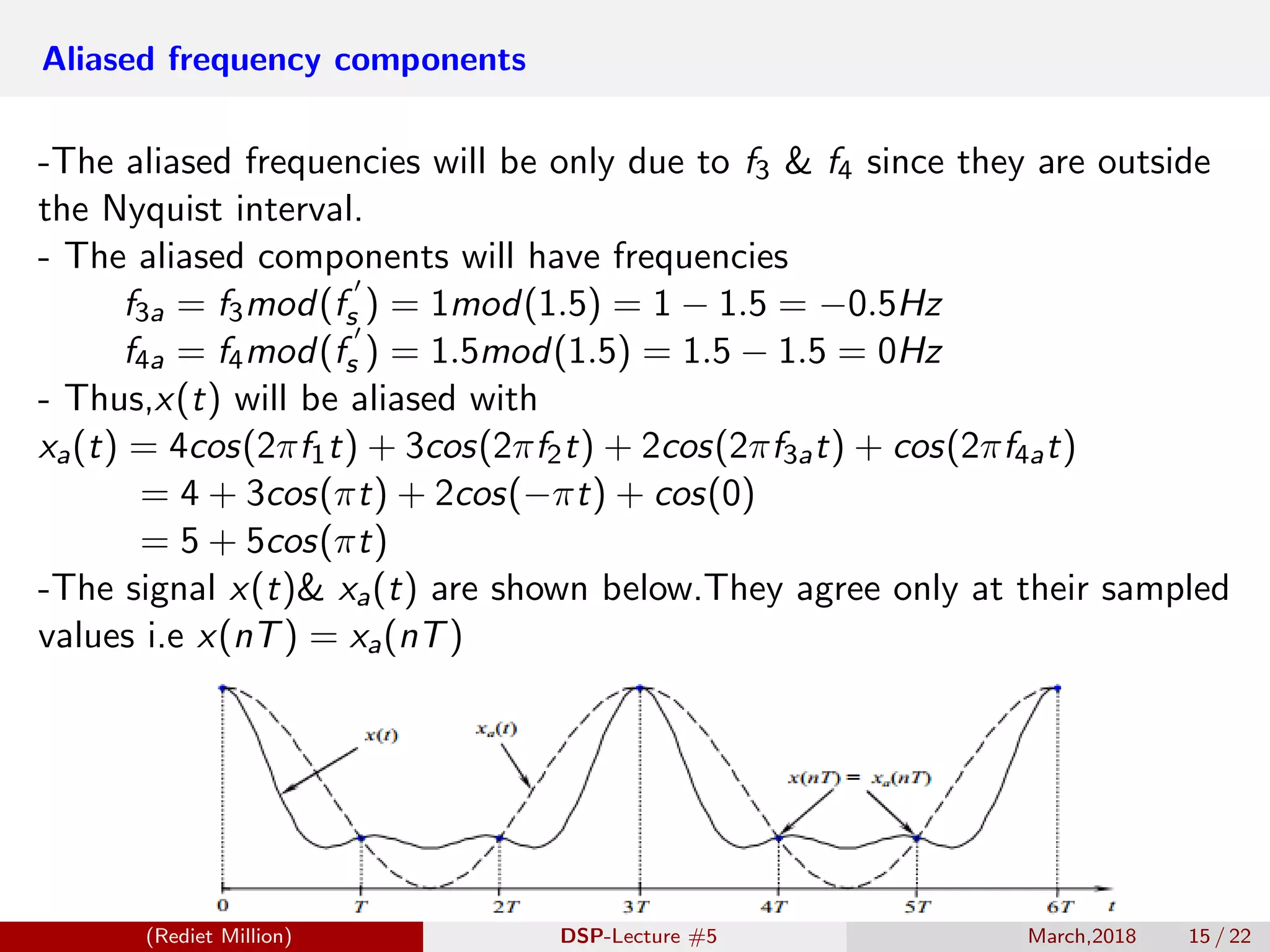 Aliased frequency components
-The aliased frequencies will be only due to f3 & f4 since they are outside
the Nyquist interval.
- The aliased components will have frequencies
f3a = f3mod(fs ) = 1mod(1.5) = 1 − 1.5 = −0.5Hz
f4a = f4mod(fs ) = 1.5mod(1.5) = 1.5 − 1.5 = 0Hz
- Thus,x(t) will be aliased with
xa(t) = 4cos(2πf1t) + 3cos(2πf2t) + 2cos(2πf3at) + cos(2πf4at)
= 4 + 3cos(πt) + 2cos(−πt) + cos(0)
= 5 + 5cos(πt)
-The signal x(t)& xa(t) are shown below.They agree only at their sampled
values i.e x(nT) = xa(nT)
(Rediet Million) DSP-Lecture #5 March,2018 15 / 22
 