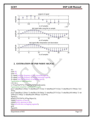 GCET DSP LAB Manual
Department of ECE Page 117
2. ESTIMATION OF PSD NOISY SIGNAL
clc ;
clear all;
close all;
f1=input('enter the frequency of first sinosuidal signal');
f2=input('enter the frequency of second sinosuidal signal');
fs=input('enter the frequency of sampling signal');
%generation of input sequence
t=0:1/fs:1;
x=2*sin(2*pi*f1*t)+3*sin(2*pi*f2*t)-rand(size(t));
%generation of psd for 2 different fft lengths
pxx1=(abs(fft(x(1:256))).^2+abs(fft(x(257:512))).^2+abs(fft(x(257:512))).^2+abs(fft(x(513:768)))).^2/(2
56*6);
pxx2=(abs(fft(x(1:256))).^2+abs(fft(x(129:384))).^2+abs(fft(x(257:512))).^2+abs(fft(x(385:640))).^2+ab
s(fft(x(513:768))).^2+abs(fft(x(641:896)))).^2/(256*6);
figure(1);
plot((0:255)/256*fs,10*log10(pxx1));
xlabel('frequency in hertz');
ylabel('power spectrum in db');
title('psd with non overlapping segment');
grid;
figure(2);
 