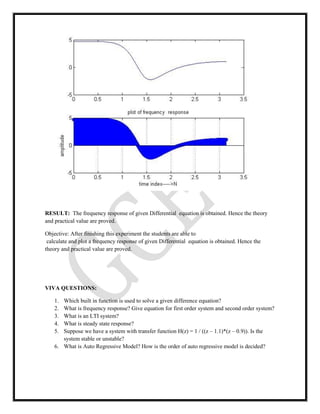 RESULT: The frequency response of given Differential equation is obtained. Hence the theory
and practical value are proved.
Objective: After finishing this experiment the students are able to
calculate and plot a frequency response of given Differential equation is obtained. Hence the
theory and practical value are proved.
VIVA QUESTIONS:
1. Which built in function is used to solve a given difference equation?
2. What is frequency response? Give equation for first order system and second order system?
3. What is an LTI system?
4. What is steady state response?
5. Suppose we have a system with transfer function H(z) = 1 / ((z – 1.1)*(z – 0.9)). Is the
system stable or unstable?
6. What is Auto Regressive Model? How is the order of auto regressive model is decided?
 