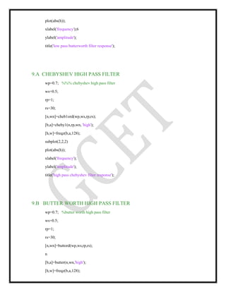 plot(abs(h));
xlabel('frequency');6
ylabel('amplitude');
title('low pass butterworth filter response');
9.A CHEBYSHEV HIGH PASS FILTER
wp=0.7; %%% chebyshev high pass filter
ws=0.5;
rp=1;
rs=30;
[n,wn]=cheb1ord(wp,ws,rp,rs);
[b,a]=cheby1(n,rp,wn, 'high');
[h,w]=freqz(b,a,128);
subplot(2,2,2)
plot(abs(h));
xlabel('frequency');
ylabel('amplitude');
title('high pass chebyshev filter response');
9.B BUTTER WORTH HIGH PASS FILTER
wp=0.7; %butter worth high pass filter
ws=0.5;
rp=1;
rs=30;
[n,wn]=buttord(wp,ws,rp,rs);
n
[b,a]=butter(n,wn,'high');
[h,w]=freqz(b,a,128);
 