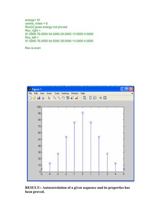 energy= 91
centre_index = 6
Rxx(0) gives energy not proved
Rxx_right =
91.0000 76.0000 54.0000 28.0000 13.0000 4.0000
Rxx_left =
91.0000 76.0000 54.0000 28.0000 13.0000 4.0000
Rxx is even
 
RESULT:- Autocorrelation of a given sequence and its properties has
been proved.
 