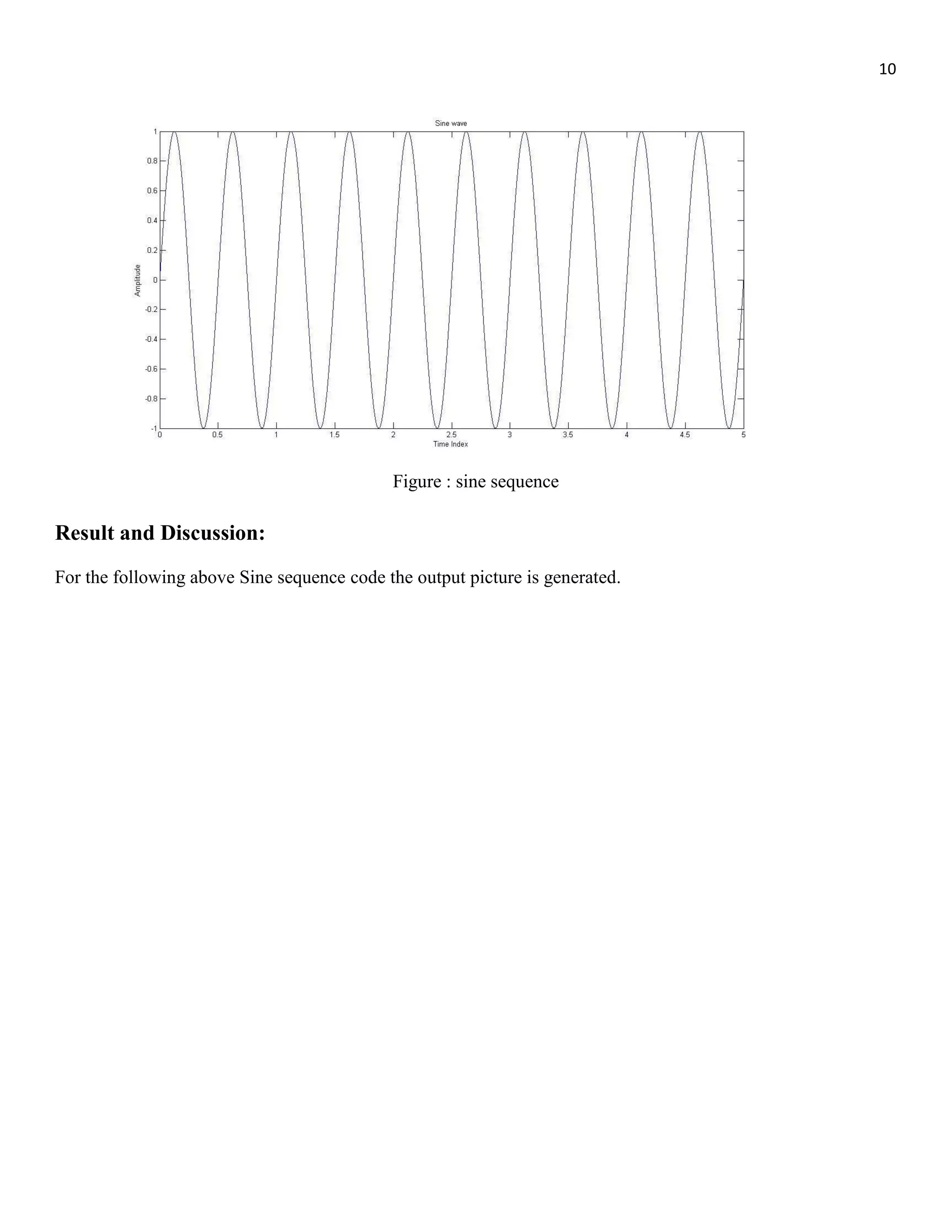 10 Figure : sine sequence Result and Discussion: For the following above Sine sequence code the output picture is generated. 