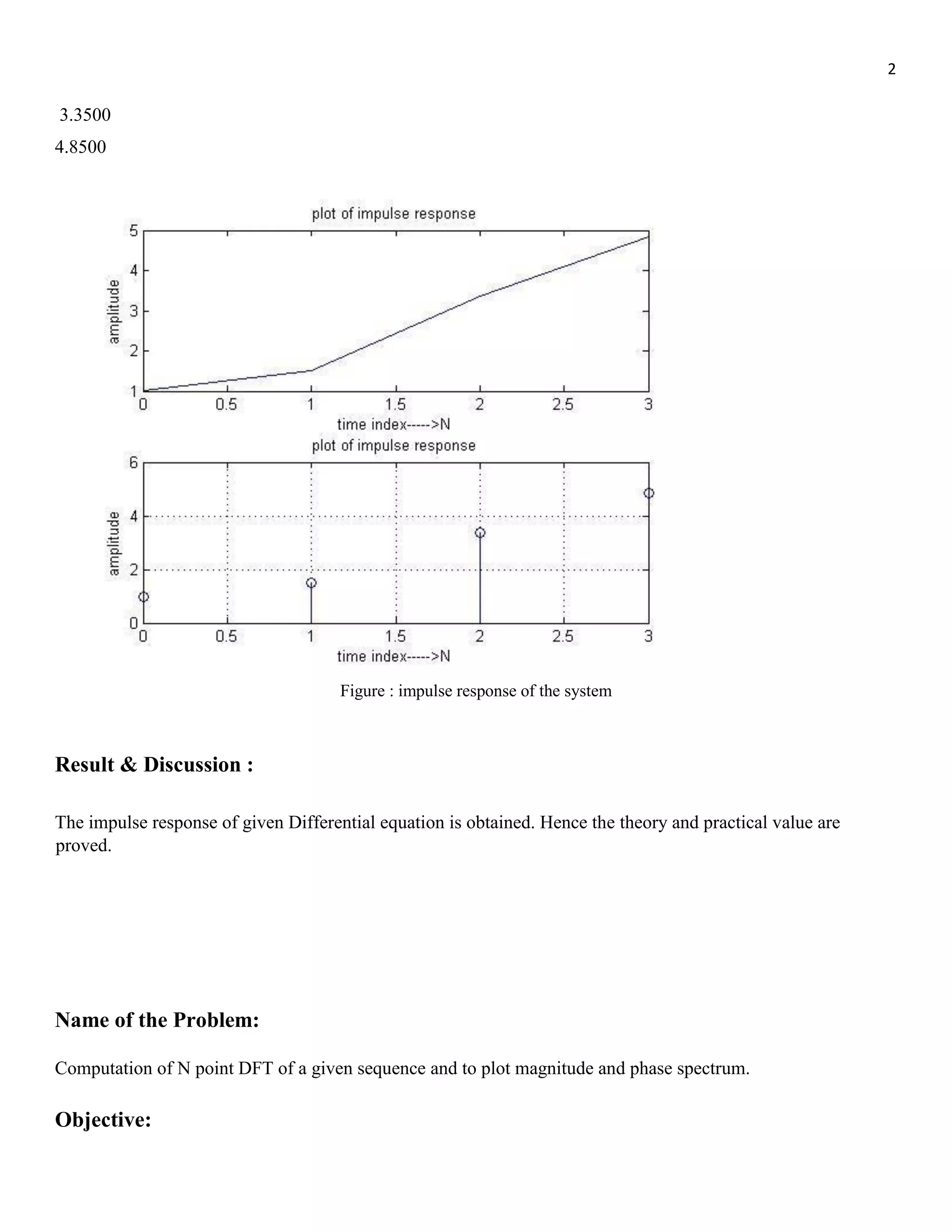 2 3.3500 4.8500 Figure : impulse response of the system Result & Discussion : The impulse response of given Differential equation is obtained. Hence the theory and practical value are proved. Name of the Problem: Computation of N point DFT of a given sequence and to plot magnitude and phase spectrum. Objective: 