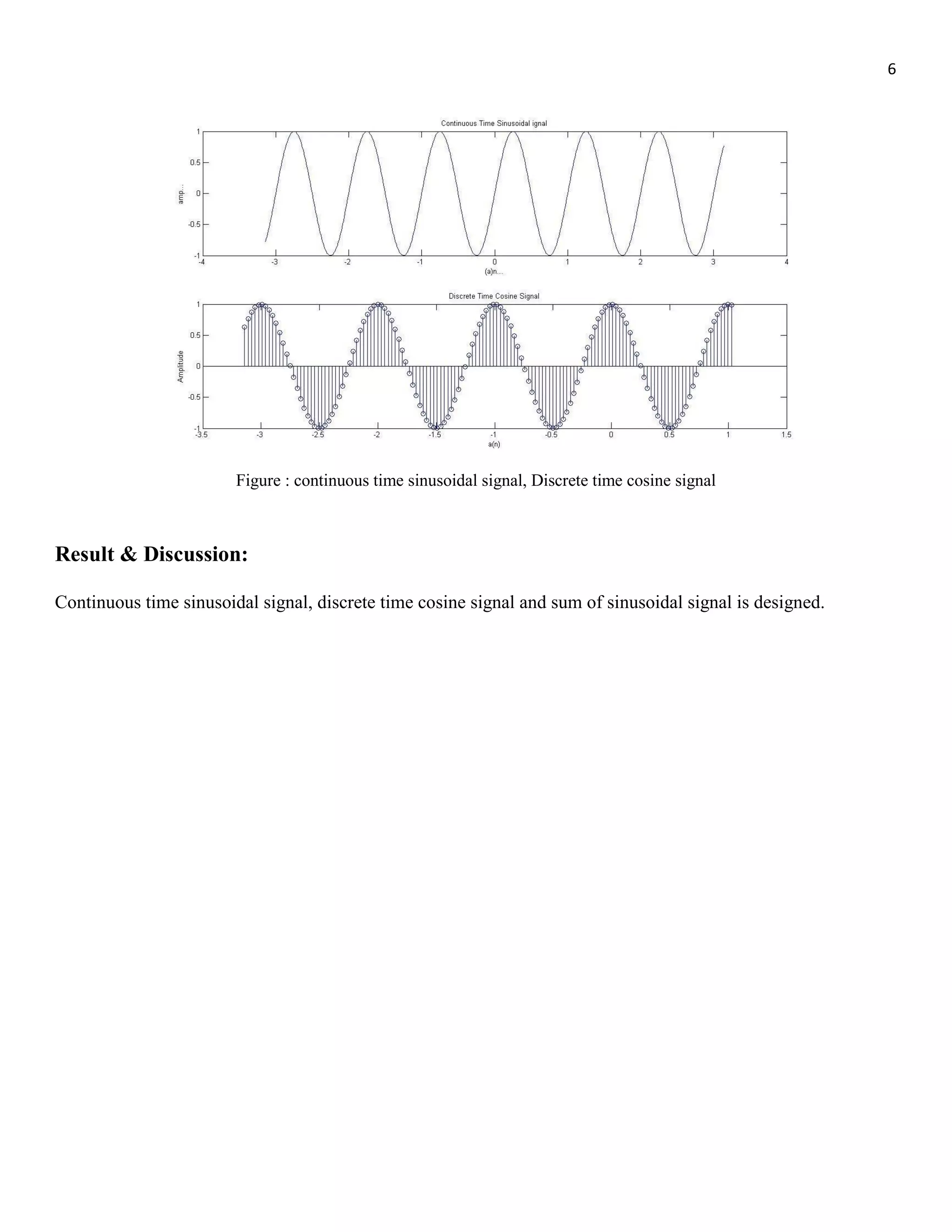 6 Figure : continuous time sinusoidal signal, Discrete time cosine signal Result & Discussion: Continuous time sinusoidal signal, discrete time cosine signal and sum of sinusoidal signal is designed. 