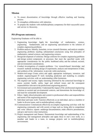 11
Mission
• To ensure dissemination of knowledge through effective teaching and learning
process.
• To strengthen collaboration with industries.
• To prepare the students with multidisciplinary competence for their successful career
and service to thesociety.
PO (Program outcomes):
Engineering Graduates will be able to
1. Engineering knowledge: Apply the knowledge of mathematics, science,
engineering fundamentals, and an engineering specialization to the solution of
complex engineering problems.
2. Problem analysis: Identify, formulate, review research literature, and analyze complex
engineering problems reaching substantiated conclusions using first principles of
mathematics, natural sciences, and engineering sciences.
3. Design/development of solutions: Design solutions for complex engineering problems
and design system components or processes that meet the specified needs with
appropriate consideration for the public healthand safety and the cultural, societal,
and environmental considerations.
4. Conduct investigations of complex problems: Use research-based knowledge and
research methods including design of experiments, analysis and interpretation of data,
and synthesis of the information to provide valid conclusions.
5. Modern tool usage: Create, select, and apply appropriate techniques, resources, and
modern engineeringand IT tools including prediction and modeling to complex
engineering activities with an understanding ofthe limitations.
6. The engineer and society: Apply reasoning informed by the contextual knowledge to
assess societal, health, safety, legal and cultural issues and the consequent
responsibilities relevant to the professional engineering practice.
7. Environment and sustainability: Understand the impact of the professional engineering
solutions in societal and environmental contexts, and demonstrate the knowledge of,
and need for sustainable development.
8. Ethics: Apply ethical principles and commit to professional ethics and responsibilities
and norms of the engineering practice.
9. Individual and team work: Function effectively as an individual, and as a member or
leader in diverse teams, and in multidisciplinary settings.
10. Communication: Communicate effectively on complex engineering activities with the
engineering community and with society at large such as, being able to comprehend
and write effective reports anddesign documentation, make effective presentations,
and give and receive clear instructions.
11. Project management and finance: Demonstrate knowledge and understanding of the
engineering and management principles and apply these to one’s own work, as a
member and leader in a team, to manage projects and in multidisciplinary
environments.
 