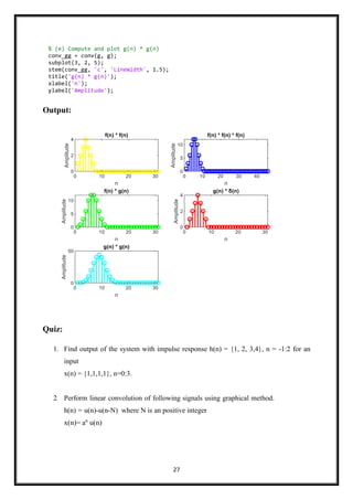 27
Output:
Quiz:
1. Find output of the system with impulse response h(n) = {1, 2, 3,4}, n = -1:2 for an
input
x(n) = {1,1,1,1}, n=0:3.
2
. Perform linear convolution of following signals using graphical method.
h(n) = u(n)-u(n-N) where N is an positive integer
x(n)= an
u(n)
% (e) Compute and plot g(n) * g(n)
conv_gg = conv(g, g);
subplot(3, 2, 5);
stem(conv_gg, 'c', 'LineWidth', 1.5);
title('g(n) * g(n)');
xlabel('n');
ylabel('Amplitude');
 
