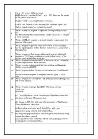 5
Use x = [1, zeros(1,100)]; as input.
(d) Define x(n) = cos(π n/8) [u(n) − u(n − 50)]. Compute the output
of the system in two ways:
(1) y(n) = h(n) ∗ x(n) using the conv command.
(2) Use your function to find the output for this input signal. Are
the two output signals you compute the same?
6.
Write a MATLAB program to represent Moving average system
and
use it to compute the average of some sample values and to smooth
a noisy sequence.
√
7. Write a MATLAB program to generate impulse response and step
response of a system.
√
8.
Write a program to perform linear convolution of two sequences.
Get the input sequence and its duration form the user. Also plot all
the sequences.
√
9.
Write a program to find autocorrelation and cross correlation of
sequences. Verify auto correlation property to find energy of the
sequence and period of the sequence.
√
10. Write a program to compute DTFT of a sequence x[n]= (0.5)n u[n].
Plot its magnitude and phase response.
√
11. Write a program to demonstrate the time shifting and frequency
shifting property of DTFT.
√
12. Write a program to find Z transform and its inverse Z transform of
a
sequence Write a program to plot pole-zero of a given FIR/IIR
filter.
√
13. Write a program for Direct form – I,II form realization of the given
IIR system function.
√
14. Write a program to design digital FIR filter using various
windowing
technique.
√
15.
(A) Create Blackman Harris, Hamming and Gaussian window and
plot them in the same filter design tool.
(B) Design an FIR filter with side lobe attenuation of 40 dB using
Kaiser Window of 200 points.
√
16.
(A) Design low pass butter worth digital filter with given
specification using impulse invariance method.
(B) Design a high pass elliptical filter with given specification using
impulse invariance method.
(C) Design a band pass chebychev-2 filter with given specification
using impulse in-variance method.
√
 