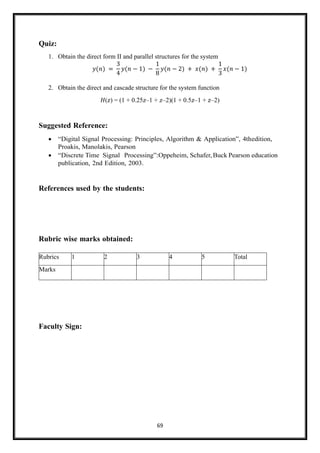 69
Quiz:
1. Obtain the direct form II and parallel structures for the system
𝑦(𝑛) =
3
4
𝑦(𝑛 − 1) −
1
8
𝑦(𝑛 − 2) + 𝑥(𝑛) +
1
3
𝑥(𝑛 − 1)
2. Obtain the direct and cascade structure for the system function
𝐻(𝑧) = (1 + 0.25𝑧–1 + 𝑧–2)(1 + 0.5𝑧–1 + 𝑧–2)
Suggested Reference:
• “Digital Signal Processing: Principles, Algorithm & Application”, 4thedition,
Proakis, Manolakis, Pearson
• “Discrete Time Signal Processing”:Oppeheim, Schafer,Buck Pearson education
publication, 2nd Edition, 2003.
References used by the students:
Rubric wise marks obtained:
Faculty Sign:
Rubrics 1 2 3 4 5 Total
Marks
 