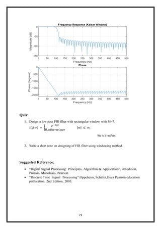 73
Quiz:
1. Design a low pass FIR filter with rectangular window with M=7.
𝐻𝑑(𝑤) = {
𝑒−3𝑗𝑤
0, 𝑜𝑡ℎ𝑒𝑟𝑤𝑖𝑠𝑤𝑒
|𝑤| ≤ 𝑤𝑐
Wc is 1 rad/sec
2. Write a short note on designing of FIR filter using windowing method.
Suggested Reference:
• “Digital Signal Processing: Principles, Algorithm & Application”, 4thedition,
Proakis, Manolakis, Pearson
• “Discrete Time Signal Processing”:Oppeheim, Schafer,Buck Pearson education
publication, 2nd Edition, 2003.
 