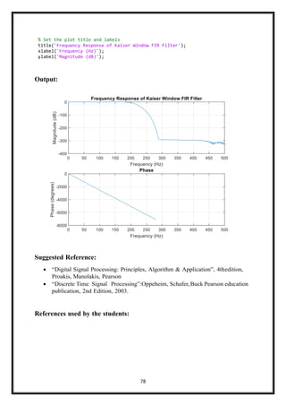 78
Output:
Suggested Reference:
• “Digital Signal Processing: Principles, Algorithm & Application”, 4thedition,
Proakis, Manolakis, Pearson
• “Discrete Time Signal Processing”:Oppeheim, Schafer,Buck Pearson education
publication, 2nd Edition, 2003.
References used by the students:
% Set the plot title and labels
title('Frequency Response of Kaiser Window FIR Filter');
xlabel('Frequency (Hz)');
ylabel('Magnitude (dB)');
 
