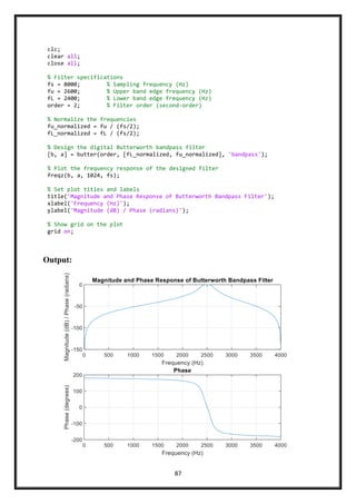 87
Output:
clc;
clear all;
close all;
% Filter specifications
fs = 8000; % Sampling frequency (Hz)
fu = 2600; % Upper band edge frequency (Hz)
fL = 2400; % Lower band edge frequency (Hz)
order = 2; % Filter order (second-order)
% Normalize the frequencies
fu_normalized = fu / (fs/2);
fL_normalized = fL / (fs/2);
% Design the digital Butterworth bandpass filter
[b, a] = butter(order, [fL_normalized, fu_normalized], 'bandpass');
% Plot the frequency response of the designed filter
freqz(b, a, 1024, fs);
% Set plot titles and labels
title('Magnitude and Phase Response of Butterworth Bandpass Filter');
xlabel('Frequency (Hz)');
ylabel('Magnitude (dB) / Phase (radians)');
% Show grid on the plot
grid on;
 