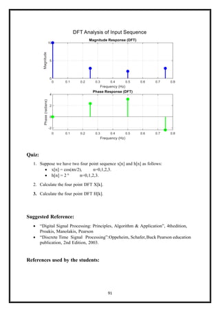 91
Quiz:
1. Suppose we have two four point sequence x[n] and h[n] as follows:
• x[n] = cos(πn/2), n=0,1,2,3.
• h[n] = 2 n
n=0,1,2,3.
2. Calculate the four point DFT X[k].
3. Calculate the four point DFT H[k].
Suggested Reference:
• “Digital Signal Processing: Principles, Algorithm & Application”, 4thedition,
Proakis, Manolakis, Pearson
• “Discrete Time Signal Processing”:Oppeheim, Schafer,Buck Pearson education
publication, 2nd Edition, 2003.
References used by the students:
 