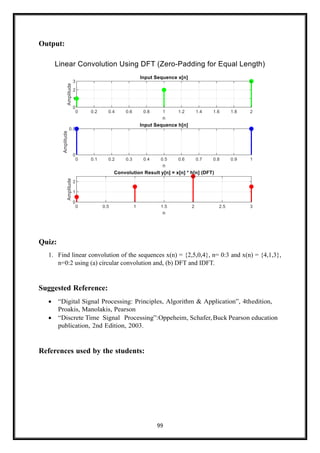 99
Output:
Quiz:
1. Find linear convolution of the sequences x(n) = {2,5,0,4}, n= 0:3 and x(n) = {4,1,3},
n=0:2 using (a) circular convolution and, (b) DFT and IDFT.
Suggested Reference:
• “Digital Signal Processing: Principles, Algorithm & Application”, 4thedition,
Proakis, Manolakis, Pearson
• “Discrete Time Signal Processing”:Oppeheim, Schafer,Buck Pearson education
publication, 2nd Edition, 2003.
References used by the students:
 