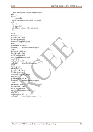 RCE DIGITAL SIGNAL PROCESSING LAB
Department of Electronics & Communication Engineering 31
disp('Rectangular window filter response');
end
if (c==2)
y=triang(n1);
disp('Triangular window filter response');
end
if(c==3)
y=kaiser(n1);
disp('kaiser window filter response');
end
%LPF
b=fir1(n,wp,y);
[h,o]=freqz(b,1,256);
m=20*log10(abs(h));
subplot(2,2,1);plot(o/pi,m);
title('LPF');
ylabel('Gain in dB-->');
xlabel('(a) Normalized frequency-->');
%HPF
b=fir1(n,wp,'high',y);
[h,o]=freqz(b,1,256);
m=20*log10(abs(h));
subplot(2,2,2);plot(o/pi,m);
title('HPF');
ylabel('Gain in dB-->');
xlabel('(b) Normalized frequency-->');
%BPF
wn=[wp ws];
b=fir1(n,wn,y);
[h,o]=freqz(b,1,256);
m=20*log10(abs(h));
subplot(2,2,3);plot(o/pi,m);
title('BPF');
ylabel('Gain in dB-->');
xlabel('(c) Normalized frequency-->');
%BSF
b=fir1(n,wn,'stop',y);
[h,o]=freqz(b,1,256);
m=20*log10(abs(h));
subplot(2,2,4);plot(o/pi,m);
title('BSF');
ylabel('Gain in dB-->');
xlabel('(d) Normalized frequency-->');
 