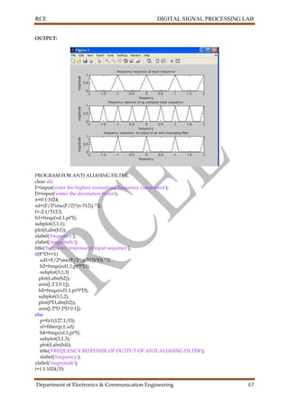 RCE DIGITAL SIGNAL PROCESSING LAB
Department of Electronics & Communication Engineering 67
OUTPUT:
PROGRAM FOR ANTI ALIASING FILTER:
clear all;
F=input('enter the highest normalized frequency component');
D=input('emter the dicimation factor');
n=0:1:1024;
xd=(F/2*sinc(F/2)*(n-512)).^2;
f=-2:1/512:2;
h1=freqz(xd,1,pi*f);
subplot(3,1,1);
plot(f,abs(h1));
xlabel('frequency');
ylabel('magnitude');
title('frequency response of input sequence');
if(F*D<=1)
xd1=F/2*sinc(F/2*(n-512)*D).^2;
h2=freqz(xd1,1,pi*f*D);
subplot(3,1,3)
plot(f,abs(h2));
axis([-2 2 0 1]);
h2=freqz(xd1,1,pi*f*D);
subplot(3,1,2);
plot(f*D,abs(h2));
axis([-2*D 2*D 0 1]);
else
p=fir1(127,1/D);
xf=filter(p,1,xd);
h4=freqz(xf,1,pi*f);
subplot(3,1,3);
plot(f,abs(h4));
title('FREQUENCY RESPONSE OF OUTPUT OF ANTI ALIASING FILTER');
xlabel('frequency');
ylabel('magnitude');
i=1:1:1024/D;
 