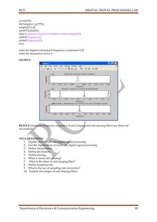 RCE DIGITAL SIGNAL PROCESSING LAB
Department of Electronics & Communication Engineering 68
xr=xf(i*D);
h5=freqz(xr,1,pi*f*D);
subplot(3,1,2);
plot(f*D,abs(h5));
title('frequency response of output of downsampler');
xlabel('frequency');
ylabel('magnitude');
end;
enter the highest normalized frequency component 0.25
enter the decimation factor 5
OUTPUT:
RESULT: Hence the frequency responses of anti imaging and anti aliasing filters are observed
successfully.
VIVA QUESTIONS
1. Explain about multi rate digital signal processing.
2. List the Applications of multi rate digital signal processing.
3. Define interpolation.
4. Define decimation.
5. Define aliasing.
6. What is meant anti aliasing?
7. What is the effect of anti imaging filter?
8. Define sampling rate.
9. What is the use of sampling rate convertors?
10. Explain advantages of anti aliasing filters.
 