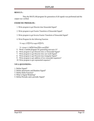 DSPLAB
Dept ECE Page 15
RESULT:-
Thus the MATLAB program for generation of all signals was performed and the
output was verified.
EXERCISE PROGRAM:-
1. Write program to get Discrete time Sinusoidal Signal?
2. Write program to get Fourier Transform of Sinusoidal Signal?
3. Write program to get Inverse Fourier Transform of Sinusoidal Signal?
4. Write Program for the following Function
Y=exp (-2*∏*f*t)+exp(-8*∏*f*)
Y= ((exp (-1.56∏f)*Sin(2∏f)+cos(2∏f)?
5. Write a matlab program for generating u(n)-u(n-1)?
6. Write program to get Discrete time co-Sinusoidal Signal?
7. Write program to get Discrete time saw tooth Signal?
8. Write program to get Discrete time triangular Signal?
9. Write program to get addition of two sinusoidal sequences?
10. Write program to get exponential sequence?
VIVA QUESTIONS:-
1. Define Signal?
2. Define determistic and Random Signal?
3. Define Delta Function?
4. What is Signal Modeling?
5. Define Periodic and a periodic Signal?
 