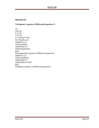 DSPLAB
Dept ECE Page 23
PROGRAM:-
%frequency response of differential equation %
clc ;
clear all;
b=[1,4];
a=[1,-5];
w=-2*pi:pi/8:2*pi;
[h]=freqz(b,a,w);
subplot(2,1,1);
stem(w,abs(h));
xlabel('freq/w');
ylabel('magnitude');
grid;
title('magnitude response of diffenrtial equataion');
subplot(2,1,2);
stem(w,angle(h));
xlabel('freq/w');
ylabel('phase in rad');
grid;
title('phase response of diffenrtial equataion');
 
