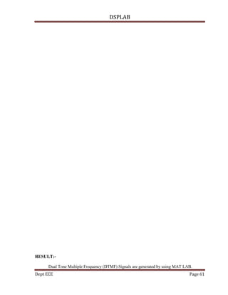 DSPLAB
Dept ECE Page 61
RESULT:-
Dual Tone Multiple Frequency (DTMF) Signals are generated by using MAT LAB.
 