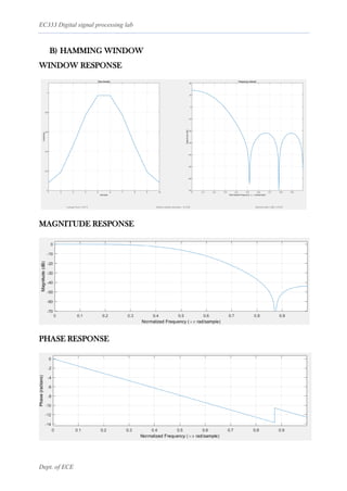EC333 Digital signal processing lab
Dept. of ECE
B) HAMMING WINDOW
WINDOW RESPONSE
MAGNITUDE RESPONSE
PHASE RESPONSE
 