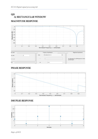 EC333 Digital signal processing lab
Dept. of ECE
Q2)
A) RECTANGULAR WINDOW
MAGNITUDE RESPONSE
PHASE RESPONSE
IMUPLSE RESPONSE
 