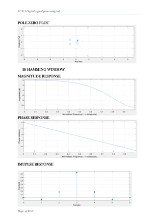 EC333 Digital signal processing lab
Dept. of ECE
POLE ZERO PLOT
B) HAMMING WINDOW
MAGNITUDE RESPONSE
PHASE RESPONSE
IMUPLSE RESPONSE
 