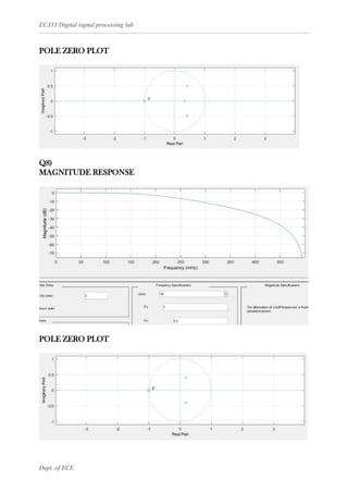 EC333 Digital signal processing lab
Dept. of ECE
POLE ZERO PLOT
Q8)
MAGNITUDE RESPONSE
POLE ZERO PLOT
 