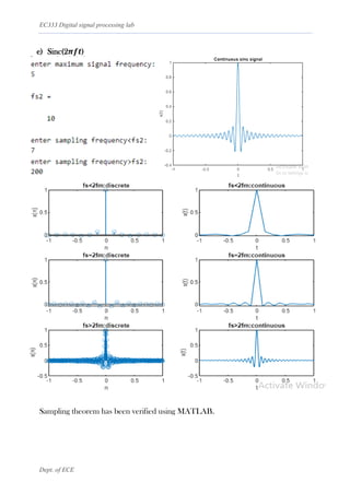 EC333 Digital signal processing lab
Dept. of ECE
e) Sinc(2𝝅𝒇𝒕)
Sampling theorem has been verified using MATLAB.
 