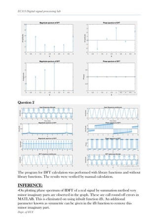 EC333 Digital signal processing lab
Dept. of ECE
Question 2
The program for DFT calculation was performed with library functions and without
library functions. The results were verified by manual calculation.
INFERENCE:
-On plotting phase spectrum of IDFT of a real signal by summation method very
minor imaginary parts are observed in the graph. These are call round off errors in
MATLAB. This is eliminated on using inbuilt function ifft. An additional
parameter known as symmetric can be given in the ifft function to remove this
minor imaginary part.
 