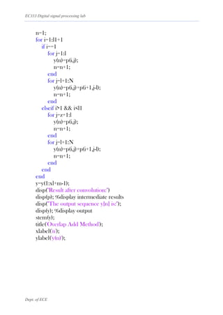 EC333 Digital signal processing lab
Dept. of ECE
n=1;
for i=1:l1+1
if i==1
for j=1:l
y(n)=p(i,j);
n=n+1;
end
for j=l+1:N
y(n)=p(i,j)+p(i+1,j-l);
n=n+1;
end
elseif i>1 && i<l1
for j=z+1:l
y(n)=p(i,j);
n=n+1;
end
for j=l+1:N
y(n)=p(i,j)+p(i+1,j-l);
n=n+1;
end
end
end
y=y(1:xl+m-1);
disp("Result after convolution:")
disp(p); %display intermediate results
disp("The output sequence y[n] is:");
disp(y); %display output
stem(y);
title('Overlap Add Method');
xlabel('n');
ylabel('y(n)');
 