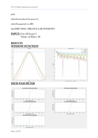 EC333 Digital signal processing lab
Dept. of ECE
grid;
xlabel('normalised frequency');
ylabel('magnitude in dB')
title('FIR USING TRIANGULAR WINDOW')
INPUT: Cut off freq-0.5
Order of Filter: 38
RESULTS
WINDOW FUNCTION
HIGH PASS FILTER
 