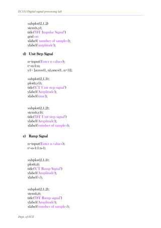 EC333 Digital signal processing lab
Dept. of ECE
subplot(2,1,2)
stem(x,y);
title("DT Impulse Signal")
grid on
xlabel(' number of samples');
ylabel('amplitude');
d) Unit Step Signal
n=input('Enter n values');
t=-n:1:n;
y1= [zeros(1, n),ones(1, n+1)];
subplot(2,1,1);
plot(t,y1);
title("CT Unit step signal")
ylabel('Amplitude');
xlabel('time');
subplot(2,1,2);
stem(t,y1);
title("DT Unit step signal")
ylabel('Amplitude');
xlabel('number of samples');
e) Ramp Signal
n=input('Enter n values');
t=-n-1:1:n-1;
subplot(2,1,1);
plot(t,t);
title("CT Ramp Signal")
ylabel('Amplitude');
xlabel('x');
subplot(2,1,2);
stem(t,t);
title("DT Ramp signal")
ylabel('Amplitude');
xlabel('number of samples');
 