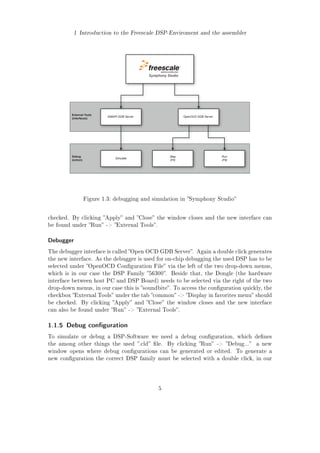 1 Introduction to the Freescale DSP-Enviroment and the assembler
Symphony Studio
OpenOCD GDB ServerSIMAPI GDB Server
Simulate
Step
(F5)
Run
(F8)
External Tools
(interfaces)
Debug
(action)
Figure 1.3: debugging and simulation in Symphony Studio
checked. By clicking Apply and Close the window closes and the new interface can
be found under Run - External Tools.
Debugger
The debugger interface is called Open OCD GDB Server. Again a double click generates
the new interface. As the debugger is used for on-chip debugging the used DSP has to be
selected under OpenOCD Conguration File via the left of the two drop-down menus,
which is in our case the DSP Family 56300. Beside that, the Dongle (the hardware
interface between host PC and DSP Board) needs to be selected via the right of the two
drop-down menus, in our case this is soundbite. To access the conguration quickly, the
checkbox External Tools under the tab common - Display in favorites menu should
be checked. By clicking Apply and Close the window closes and the new interface
can also be found under Run - External Tools.
1.1.5 Debug conguration
To simulate or debug a DSP-Software we need a debug conguration, which denes
the among other things the used .cld le. By clicking Run - Debug... a new
window opens where debug congurations can be generated or edited. To generate a
new conguration the correct DSP family must be selected with a double click, in our
5
 