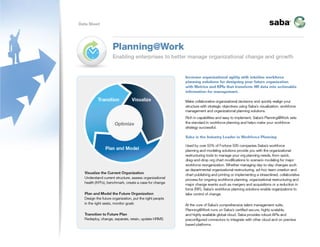 www.saba.com
Data Sheet
Saba is the Industry Leader in Workforce Planning
Make collaborative organizational decisions and quickly realign
your structure with strategic objectives using Saba’s visualization,
workforce modeling and organizational design solutions. Rich in
capabilities and easy to implement, Saba’s Planning@Work sets
the standard in workforce planning and helps make your workforce
strategy successful.
Used by over 50% of Fortune 500 companies Saba’s workforce
planning and modeling solutions provide you with the organizational
restructuring tools to manage your org planning needs, from quick,
drag-and-drop org chart modifications to scenario modeling for
major workforce reorganization. Whether managing day-to-day
changes such as departmental organizational restructuring, ad-hoc
team creation and chart publishing and printing or implementing a
streamlined, collaborative process for ongoing workforce planning,
organizational restructuring and major change events such as mergers
and acquisitions or a reduction in force (RIF), Saba’s workforce
planning solutions enable organizations to take control of change.
Planning@Work enables
enterprises to better manage
organizational change
and growth. Increase
organizational agility with
intuitive workforce planning
solutions for designing
your future organization
with Metrics and KPIs that
transform HR data into
actionable information for
management.
Planning@Work
Visualize the Current Organization
Understand current structure, assess
organizational health (KPI’s), benchmark,
create a case for change
Plan and Model the Future Organization
Design the future organization, put the right
people in the right seats, monitor goals
Transition to Future Plan
Redeploy, change, separate, retain, update
HRMS
Transition Visualize
Plan and Model
Optimize
 