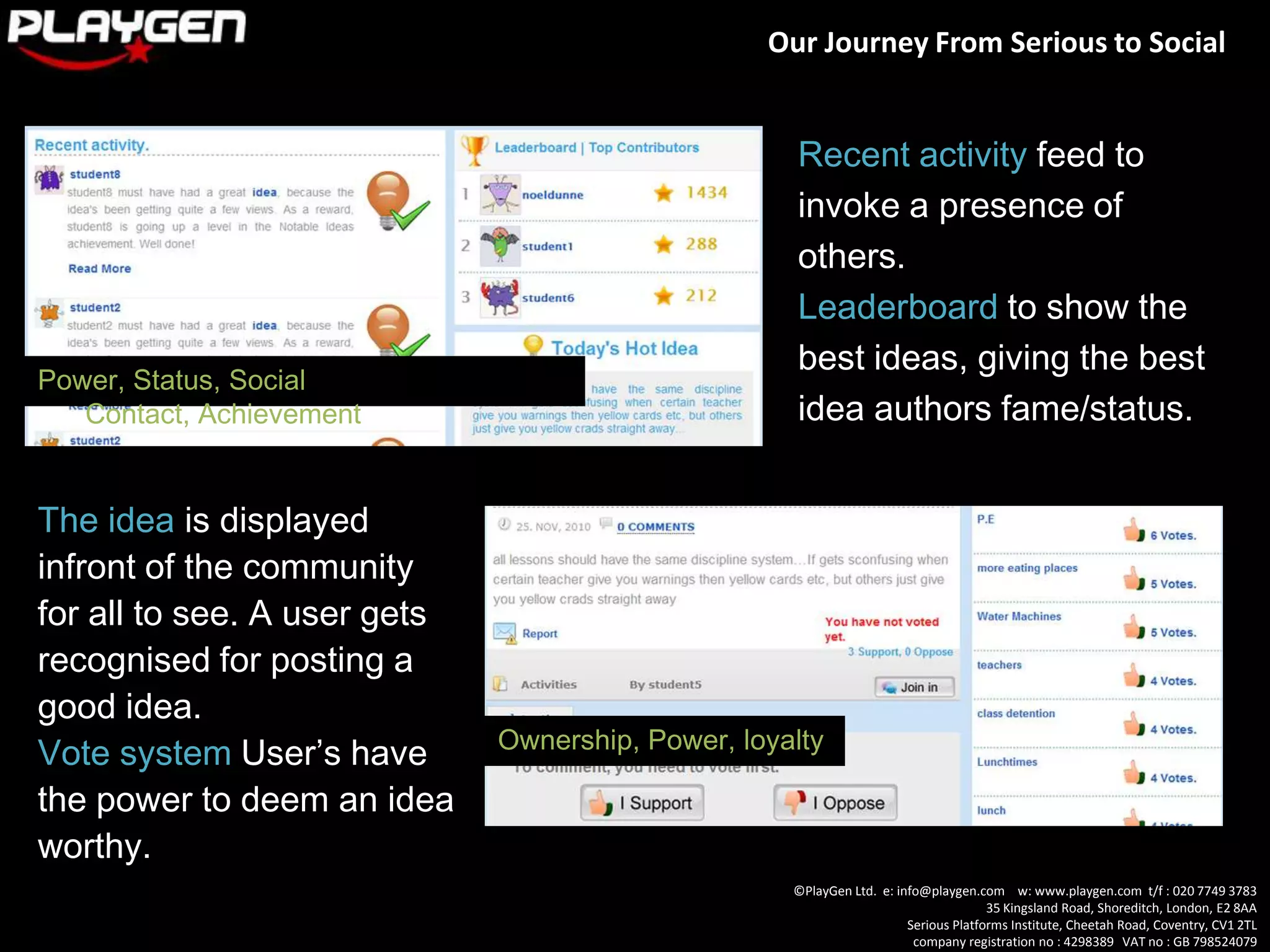 Social environment designDesigning games around fulfilling human needs:	Acceptance, Curiosity, Honour, Idealism, Independence, Power, Social Contact and Status.Being able to create player communities which can be manipulated through using motivators and drivers:	Expressing personal identity, Status and self esteem, Giving and getting help, Affiliation and belonging, Sense of community, Reassurance of value and worth.Influencing behaviour, 6 Rules for influence. Which are...
