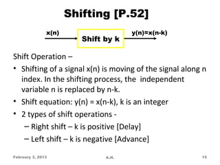 Shifting [P.52]
               x(n)                   y(n)=x(n-k)
                         Shift by k

Shift Operation –
• Shifting of a signal x(n) is moving of the signal along n
  index. In the shifting process, the independent
  variable n is replaced by n-k.
• Shift equation: y(n) = x(n-k), k is an integer
• 2 types of shift operations -
   – Right shift – k is positive [Delay]
   – Left shift – k is negative [Advance]

February 3, 2013               A.H.                      15
 