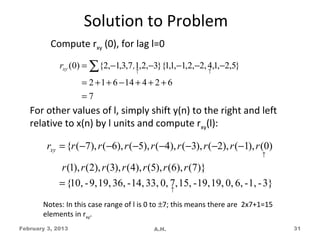 Solution to Problem
          Compute rxy (0), for lag l=0

             rxy (0) = ∑{2,−1,3,7 ,1,2,−3}{1,1,−1,2,−2, 4,1,−2,5}
                                    ↑                     ↑

                   = 2 + 1 + 6 − 14 + 4 + 2 + 6
                   =7
   For other values of l, simply shift y(n) to the right and left
   relative to x(n) by l units and compute rxy(l):

         rxy = {r (−7), r (−6), r (−5), r (−4), r (−3), r (−2), r (−1), r (0)
                                                                           ↑

             r (1), r (2), r (3), r (4), r (5), r (6), r (7)}
             = {10, - 9, 19, 36, - 14, 33, 0, 7, 15, - 19, 19, 0, 6, - 1, - 3}
                                                ↑

       Notes: In this case range of l is 0 to ±7; this means there are 2x7+1=15
       elements in rxy.
February 3, 2013                         A.H.                                     31
 