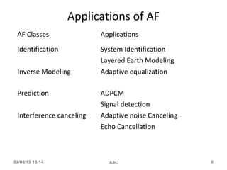 Applications of AF
 AF Classes               Applications
 Identification           System Identification
                          Layered Earth Modeling
 Inverse Modeling         Adaptive equalization

 Prediction               ADPCM
                          Signal detection
 Interference canceling   Adaptive noise Canceling
                          Echo Cancellation



02/03/13 15:14              A.H.                     8
 