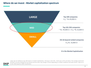 12
Where do we invest - Market capitalization spectrum
MID
LARGE
X is the Market Capitalisation
Top 100 companies
X > ~ Rs.49,000 Cr
251 & beyond ranked companies
X < Rs. 16,800 Cr
Top 101-250 companies
~ Rs. 49,000 Cr > X > ~Rs.16,800 Cr
Large-caps are defined as top 100 stocks on market capitalization, mid-caps as 101-250 , small-caps as 251 and above. The strategy mentioned
has been currently followed by the Scheme and the same may change in future depending on market conditions and other factors. Data as on
31 Dec 2022 based on AMFI classification
SMALL
 